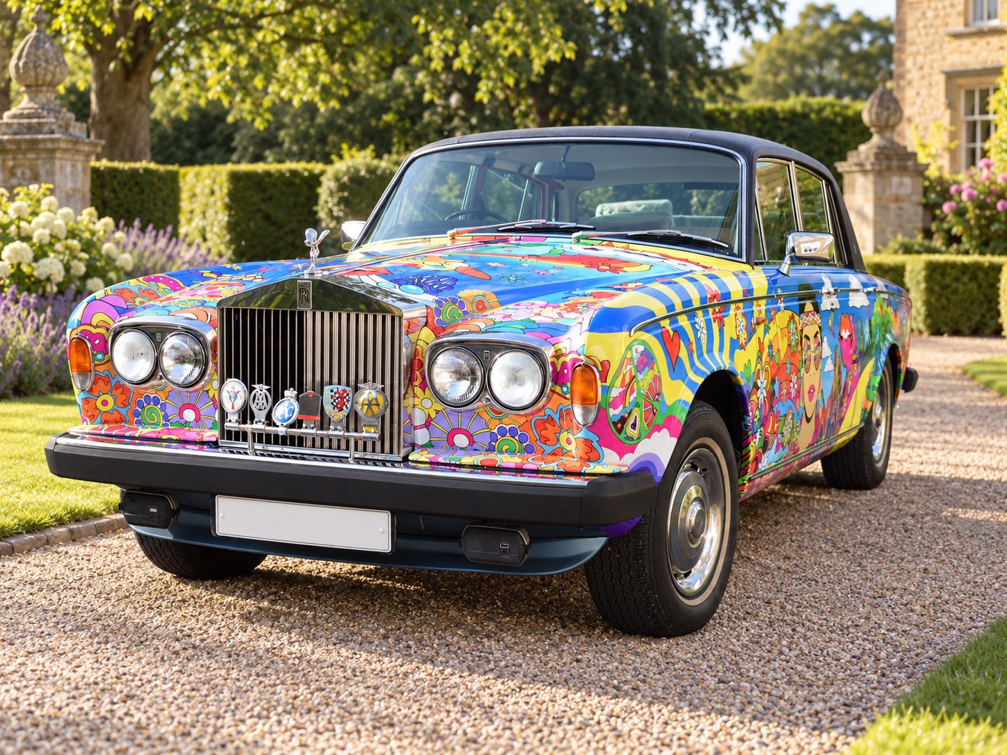 Psychedelic Roller front three-quarter view in a formal garden, showing the chrome grille and colourful wrap