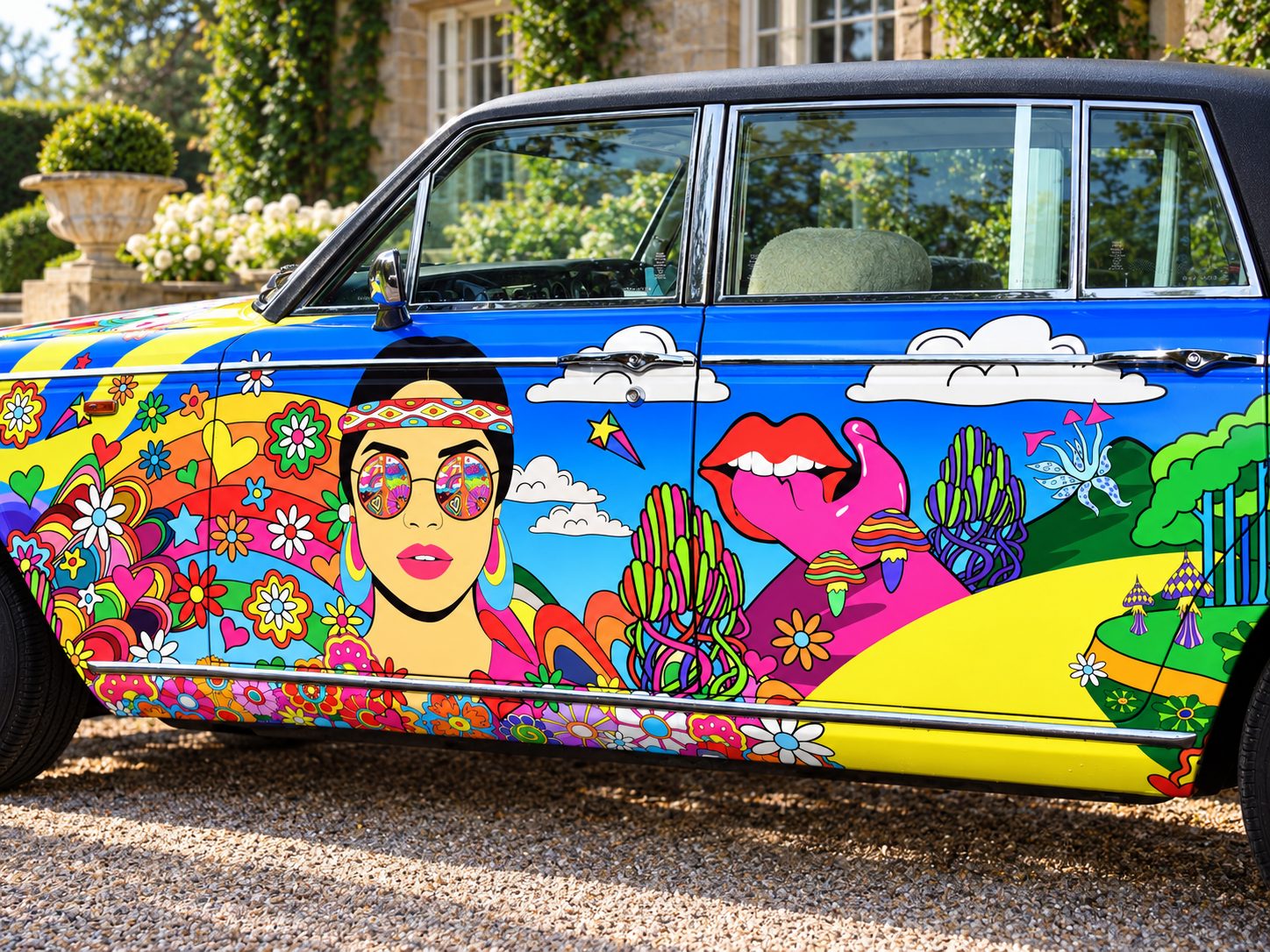 Close-up of the Psychedelic Roller door artwork: a woman in rainbow sunglasses, clouds, flowers and psychedelic hills