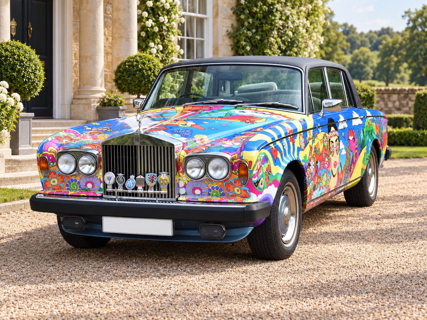 Psychedelic Roller front three-quarter view parked on gravel outside a manor house entrance