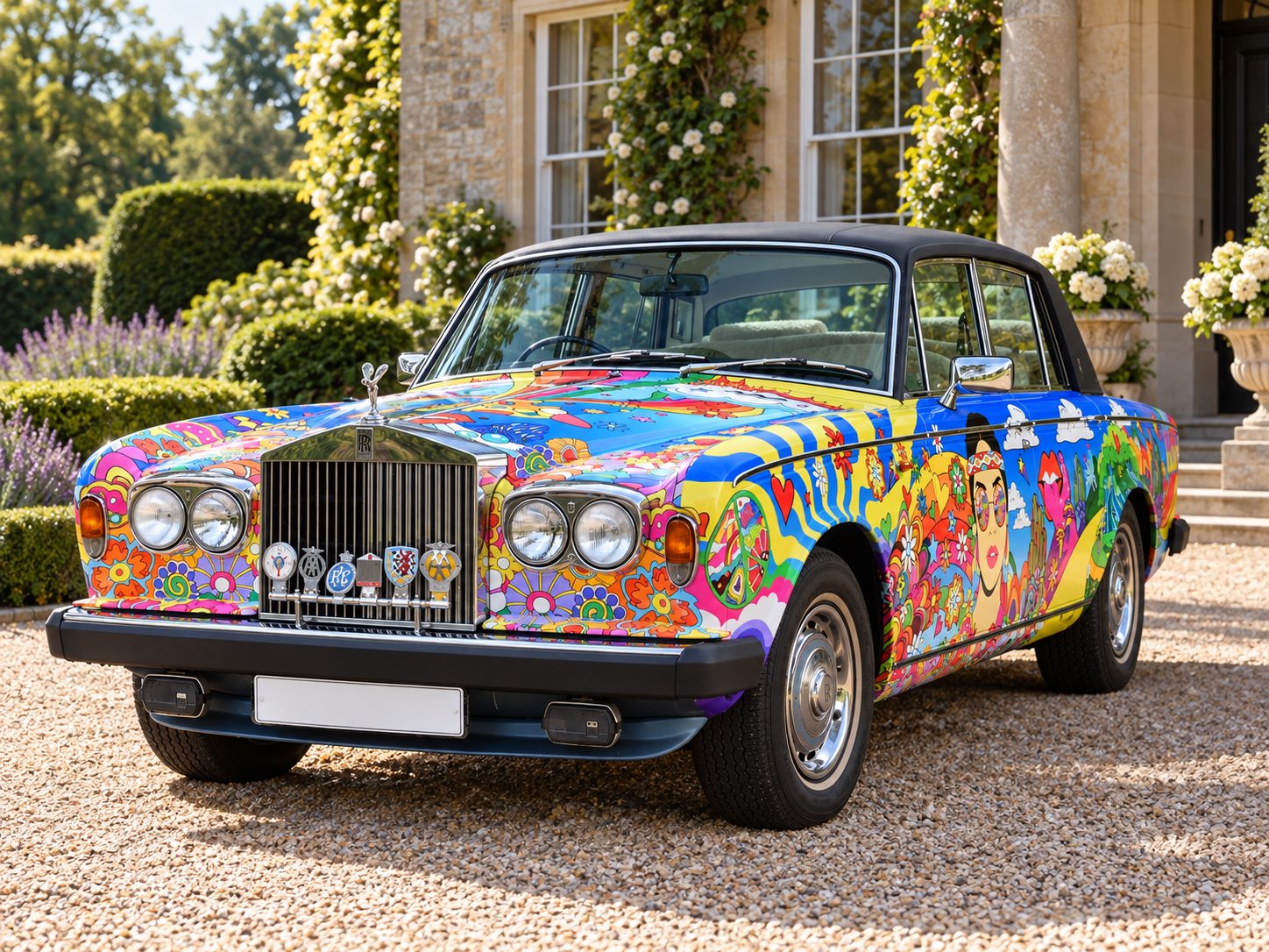 Psychedelic Roller front three-quarter view beside a stone portico with climbing roses and flower urns