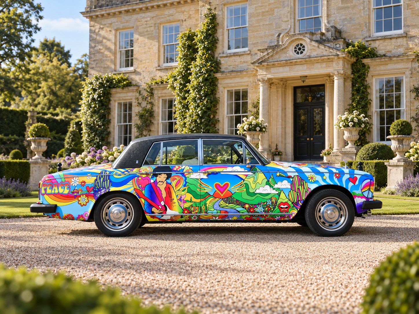 Psychedelic Roller side profile at a manor house, its full-length psychedelic wrap in bright blue, pink, yellow and green